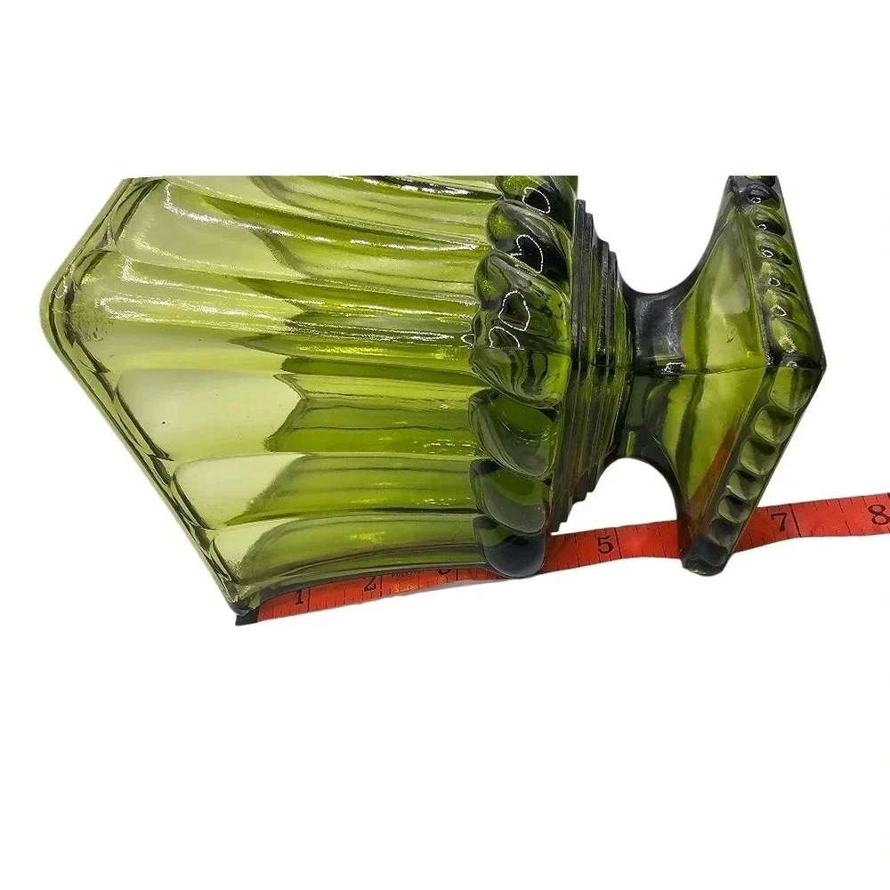 VTG 60s Heavy Olive Green Glass Rectangle Compote /Candy Dish Footed Ribbed Base